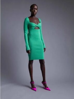 Zara Emerald Green Long-Sleeve Midi Dress with Front Cutout
